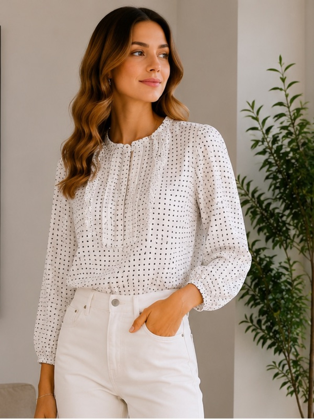 J. Crew Ruffle Front Long Sleeve Polka Dot Blouse Off White Black size 00